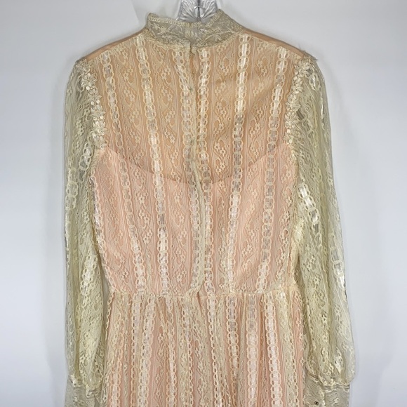 Vintage Alfred Angelo 60's Pink White Lace Long Sleeve High Neck Pioneer Dress - Picture 5 of 16